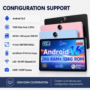 Tablette Android 16 portable 11 pouces avec chargeur rapide, écran Incell, processeur Octa Core T620 2.2GHz, 20GB+128GB, batterie 8000mAh, WiFi 5G - Product Image 2