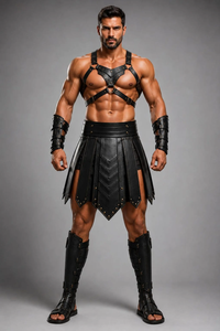 Men's Black Leather <b>Gladiator</b> Kilt Renaissance Sexy <b>Costume</b> with Belt-Eco-Friendly - Product Image 2