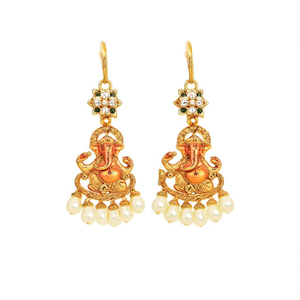 Ganesha Drop Earrings with Golden Freshwater Pearls for Wedding and Party - Product Image 2