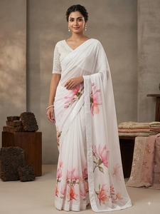 Devi Fashions – Saree élégant blanc à imprimé floral en soie, imprimé numérique, pour femme, style Inde Pakistan, longueur ras du sol, coupe classique, idéal pour les mariages - Product Image 3