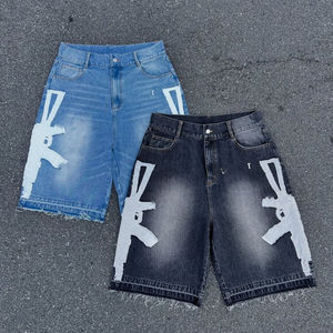 Men's Washed Denim Bermuda Shorts With Gun Print Casual Style Mid Waist Button Fly 100% Cotton <b>Bleached</b> Design - Product Image 1