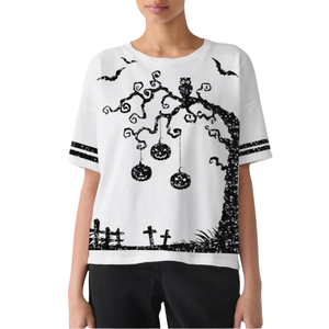 เสื้อยืดคอกลมผู้หญิงสีขาวปักลายการ์ตูนประดับเลื่อมแบบขายส่ง ทรงหลวม แขนสั้น ตกแต่งผ้าแบบ Patchwork - Product Image 3