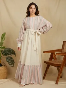 Striped <b>Linen</b> Cotton <b>Maxi</b> <b>Dress</b> With Lantern Sleeves Ruffle Hem Boho Loose Fit O-Neck Summer Casual <b>Dress</b> Sweet Style Natural - Product Image 4