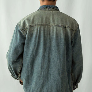 Chemise en jean pour homme, col mandarin, manches trois quarts, teinture dégradée, couleur unie, boutonnée, coupe ajustée, décontractée, pour l'été - Product Image 5