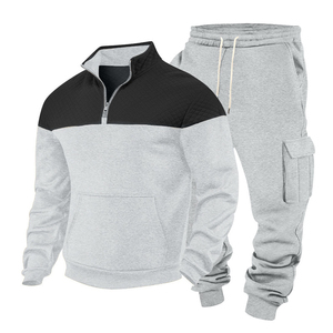 Conjunto Deportivo para Hombre en Gris y Blanco con Bloques de Color, Chaqueta de Media Cremallera y Pantalones Cargo de Manga Larga, Transpirable, Casual, para Otoño, Corte Regular - Product Image 2