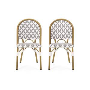 Set of 2 <b>Outdoor</b> French <b>Bistro</b> <b>Chairs</b> PE Rattan & Aluminum Gray White Bamboo Finish PE Rattan Aluminum Gray White Bamboo Finish - Product Image 2