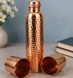 Copper Water Bottle With Hammered Finish Portable Travel <b>Drinkware</b> Minimalist Design Lids Included - Product Image 1