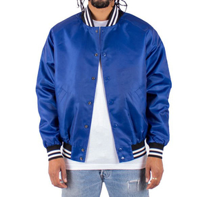 Veste universitaire en satin bleu royal pour homme avec poignets et col rayés blancs, coupe classique, vêtement décontracté pour l'automne - Product Image 1