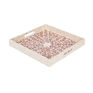 Handcrafted Mother Of Pearl Inlay Serving Tray <b>Grey</b> Floral Design Wooden Decorative Food Platter For Home <b>Dining</b> Ottoman Decor - Product Image 5