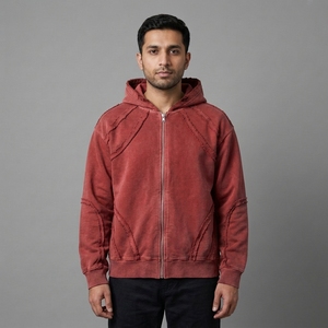 <b>Mens</b> Heather <b>Grey</b> Zip Up Hoodie Oversized Raw Edge Frayed Seam Distressed Streetwear Cotton Fleece Full Zip <b>Sweatshirt</b> Wholesale - Product Image 3