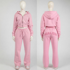 Conjunto de dos piezas de ropa urbana de invierno para mujer: Sudaderas con capucha largas de color rosa con efecto desgastado y lavado ácido, y joggers de corte holgado. - Product Image 2