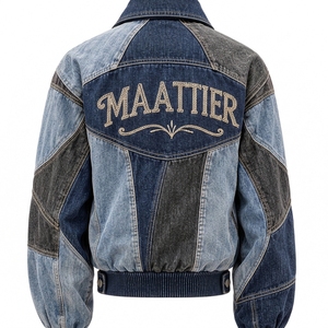 Blouson Bomber en Jean Patchwork Bleu et Noir pour Femme avec Panneaux Contrastants, Col Pointu, Boutons Pression et Ourlet Côtelé – Vente en Gros - Product Image 2
