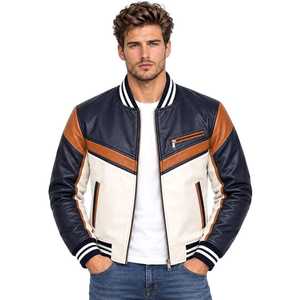 Blouson Bomber en Cuir Véritable pour Homme, Style Moto Biker Color Block, Fermeture Éclair, Col Montant, Idéal pour l'Automne - Product Image 3