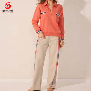 Womens Two-Piece Solid Lounge Set Long Sleeve Half-Zip Top Wide-Leg <b>Pants</b> Side Pockets Soft Comfortable Breathable - Product Image 1