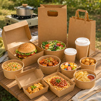 Ensemble d'emballages alimentaires jetables en papier kraft : sacs, gobelets, bols, boîtes à hamburgers, contenants à emporter pour la restauration et les services de traiteur