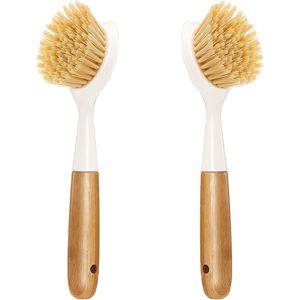 Set di 2 Spazzole per Piatti con Manico in Bambù e Raschietto Integrato per Pulizia di Pentole, Padelle e Lavello - Product Image 1