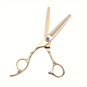 Ciseaux à cheveux dorés avec poignée ergonomique pivotante ornée d'une pierre bleue, ciseaux de barbier professionnels pour le coiffage - Product Image 3