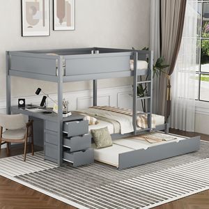 Letto a castello matrimoniale con letto estraibile singolo e scrivania, colore grigio, per bambini - Product Image 1