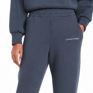 Women Dark Blue Fleece Sweatpants Elastic Waist Straight Leg Relaxed Fit Casual Soft Winter <b>Lounge</b> Trousers - Product Image 3