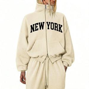 Trendy Women's New York Print Oversized Tracksuit 2 Piece <b>Set</b> High Neck Zip Up Hoodie Baggy Sweatpants Streetwear Sportswear - Product Image 1