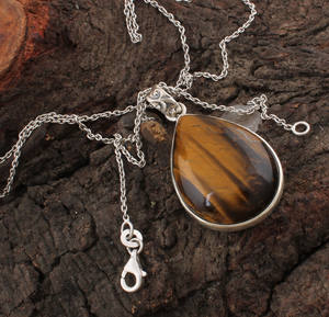 Pendentif en œil de tigre vintage plaqué platine en argent sterling 925 véritable, pierre précieuse naturelle jaune-brun, charme unisexe, bijoux - Product Image 5