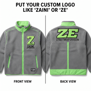 Premium 240gsm Sherpa Fleece <b>Jacket</b> Grey Green Contrast Panels Full Zip Custom Embroidered Applique Logo Autumn Waterproof Men's - Product Image 1