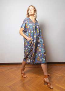 Vestido Kaftan de Algodón Azul con Estampado a Mano, Diseño Floral Blanco y Amarillo, Moda de Verano - Product Image 5
