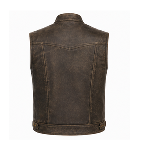 Gilet moto en cuir véritable pour homme, col montant, finition marron délavé, fermeture à bouton unique, longueur standard, vêtement d'extérieur - Product Image 2