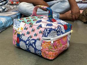Handcrafted Quilted Cotton Vintage Eco-Friendly <b>Makeup</b> <b>Box</b> Zipper Closure Durable Water Resistant Floral Block Print Travel - Product Image 2