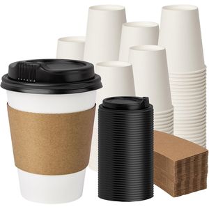 ถ้วยกาแฟแบบใช้แล้วทิ้ง 100 แพ็คพร้อมฝาปิด ถ้วยดื่มเครื่องดื่มสำหรับชา ถ้วยกระดาษพร้อมปลอกหุ้ม ถ้วยกาแฟแบบใช้ครั้งเดียว - Product Image 1