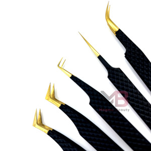 Anti-static High Precision Gold-Plated Eyelash Tweezers <b>Set</b> Black Handle Smooth Tip Curved Straight Lash Extension Tools - Product Image 4