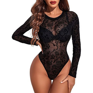 Body de malla transparente sexy de color liso con manga larga, transpirable y ajustado para mujer, ideal para la playa. - Product Image 1