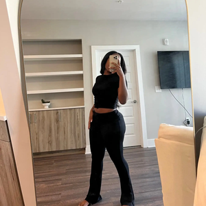 Women's 2 Piece <b>Knitted</b> <b>Set</b> Crew Neck Short Sleeve Top Full Length Flared Pants Solid Color Minimalist Style All Seasons Wear - Product Image 2