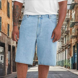 Shorts en jean bleu clair pour homme, style américain polyvalent, coupe droite ample, avec fermeture éclair à cinq points, tricoté fin, couleur unie, idéal pour l'été. - Product Image 6