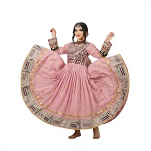 Vestido Afgano Rosa de Algodón con Espejos, Manga Larga, Estilo Anarkali, Vestido Informal para Mujer, Vestido Tradicional Kuchi Maxi - Product Image 6