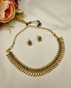 Collar corto con incrustaciones de piedras preciosas ovaladas y pendientes a juego, conjunto de joyería chapada en oro, joyería étnica al por mayor - Product Image 4