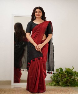 Traditional Red Black Silk Saree Women's <b>Floor</b> Length Indian Ethnic Wear Casual Style with Tassel Border - Product Image 1