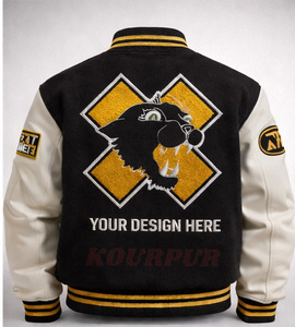 Veste universitaire personnalisée unisexe, corps en laine/polyester, manches en laine, noir et or, style baseball américain, personnalisable sur le devant - Product Image 1
