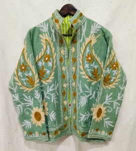 Floral Embroidered <b>Mandarin</b> <b>Collar</b> <b>Jacket</b> Full Sleeve Women's Cotton Woven Spring Prairie Chic Handmade Open Front - Product Image 1