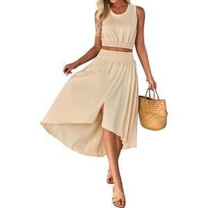 2025 Women's Two-Piece <b>Crop</b> <b>Top</b> <b>and</b> High Low Split <b>Maxi</b> <b>Skirt</b> Set Smocked Design Available Sizes XS XXS MOQ 2pcs - Product Image 6