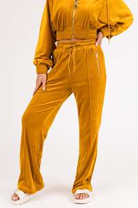 Ensemble de survêtement en velours pour femmes grandes tailles, jaune moutarde, couleur unie, col rond, manches longues, coupe ample, taille élastique, vêtements décontractés pour l'automne - Product Image 5
