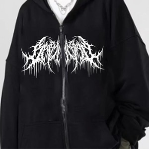 Sudadera con capucha gótica negra para hombre, con cremallera, forro polar oversize, transpirable, estilo urbano, estampado frontal, manga regular, estilo invierno - Product Image 5