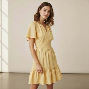 Vestido Corto Elástico de Algodón Amarillo para Mujer con Mangas Cortas, Tejido Ligero y Estilo Moderno - Product Image 5