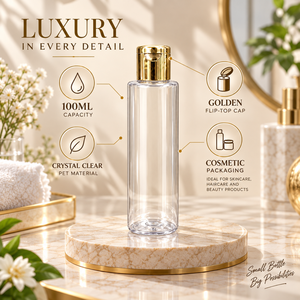 Botella PET Premium de 100 ml con Tapa Abatible Dorada |   Envases Cosméticos Transparentes para Lociones, Tónicos, Sueros, Productos para el Cuidado del Cabello y Belleza - Product Image 5