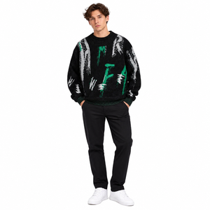 Sudadera de punto extragrande para hombre con estampado gráfico de grafiti negro, cuello redondo, estampado abstracto verde y blanco, estilo urbano, venta al por mayor - Product Image 1