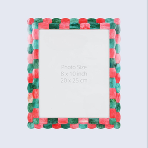 Cadre photo décoratif rond, coloré, rose et vert, à bords festonnés, en MDF imperméable et incrustations de os - Product Image 2