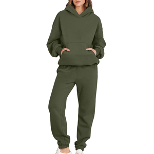 Women's Olive Green Eco-friendly 100% Cotton Hooded Tracksuit Set Full Sleeve Solid Color Casual Regular Fit <b>Sweatshirt</b> Pants - Product Image 1