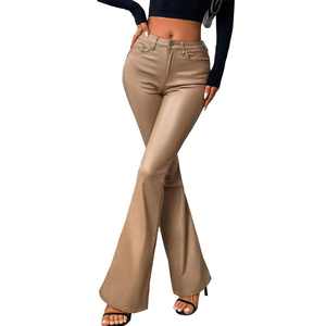 Pantalones de Cuero de Cintura Alta para Mujer, Corte Ajustado, Estilo Campana, Elásticos, para Fiestas y Uso Diario - Product Image 3