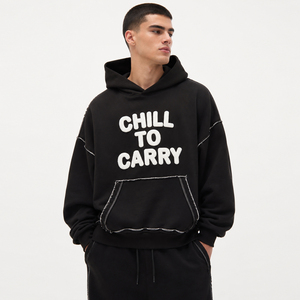 Sweat à capuche oversize en molleton épais coupe carrée avec imprimé sur le devant, style streetwear pour homme, avec surpiqûres contrastées en molleton bouclette - Product Image 1