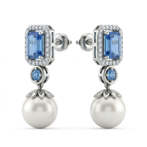925 Silver Rhodium Plated Classic Drop <b>Earrings</b> Blue Emerald Cut Diamond <b>Halo</b> Dangle Pearl Jewelry for Wedding Party Gift - Product Image 1